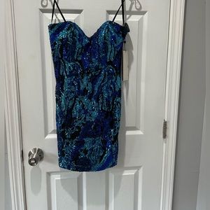 New! Short strapless fitted dress. Black with sapphire & royal sequins Sz 8